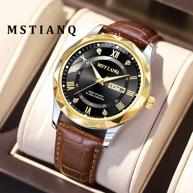 Luxury and Fashionable Men's Quartz Watch with Waterproof Luminous Date and Week Display Oval case Sports Style Leather Strap