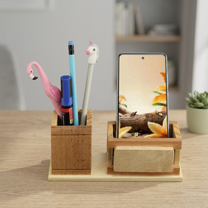 Organizador de escritorio de bambú con soporte para teléfono y portalápices, regalo de oficina multifunción, estilo lindo, hecho a mano - Product Image 4