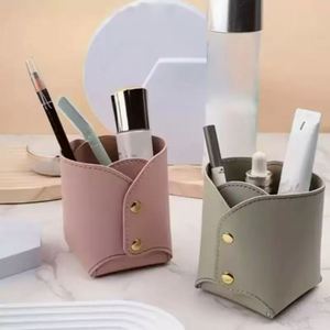 <b>Foldable</b> Handmade Embossed PU Leather Desktop Basket Makeup Brush Holder Organizer <b>Desk</b> Accessories Storage Pencil Pen Holder - Product Image 3