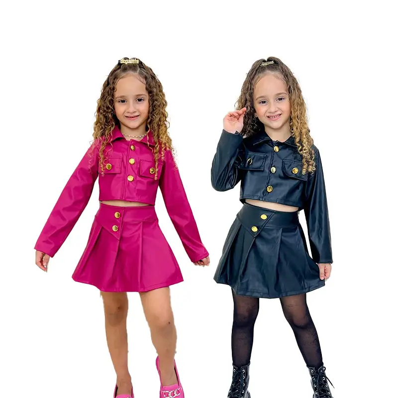 2024 New fashion Girls spring 2 pcs clothing set solid pu leather jacket coat + skirt outfit for girls