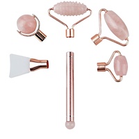Meilleur cadeau : Ensemble de brosses nettoyantes pour le visage DIY, rouleau de jade en silicone, rouleau de quartz rose avec manche métallique, livré en coffret.