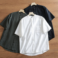 Kemeja Kasual Lengan Pendek Pria Trendy, Bahan Katun Linen Vintage Artistik, Model Longgar, Bernapas, Kerah Vertikal untuk Musim Panas