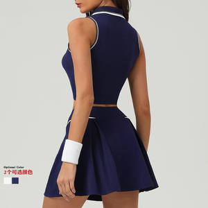 Nieuwkomer Dames Contrast Kleur Gestreepte Golftenniskleding 2-delige Set Polo V-Hals Bh Top 2 In 1 Rok Padelpak - Product Image 3