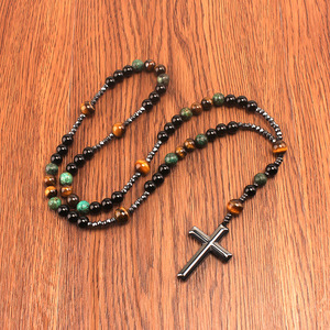 Rosari Cattolici in Pietra Naturale, Pietra Magnetica e Perline in Occhio di Tigre <span class=keywords><strong>con</strong></span> Croce, <span class=keywords><strong>Collana</strong></span> Religiosa Cattolica Unisex - Product Image 4