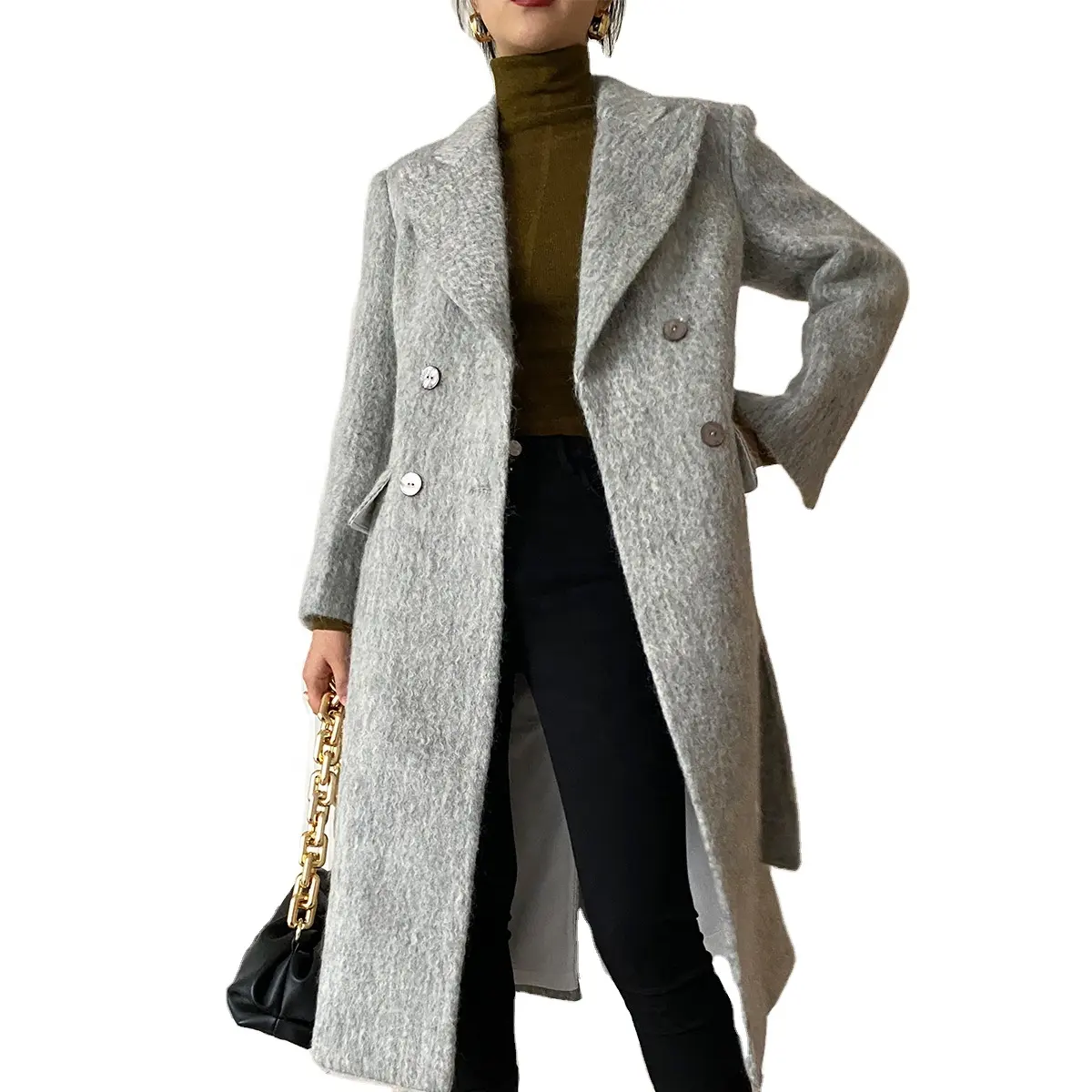 ESSLIFE Wholesale High quality Women's Lapel Double-breasted Long Wool Gray Coat