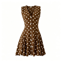 Robe Courte Été 2026 Style Français Femme à Pois Sans Manches Col V Boutonnée Coupe Évasée