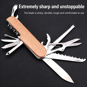 Couteau <span class=keywords><strong>suisse</strong></span> multifonction 11-en-1 avec manche en bois, outil de poche pliable avec couteau, ciseaux, ouvre-bouteille pour le camping et la survie - Product Image 2
