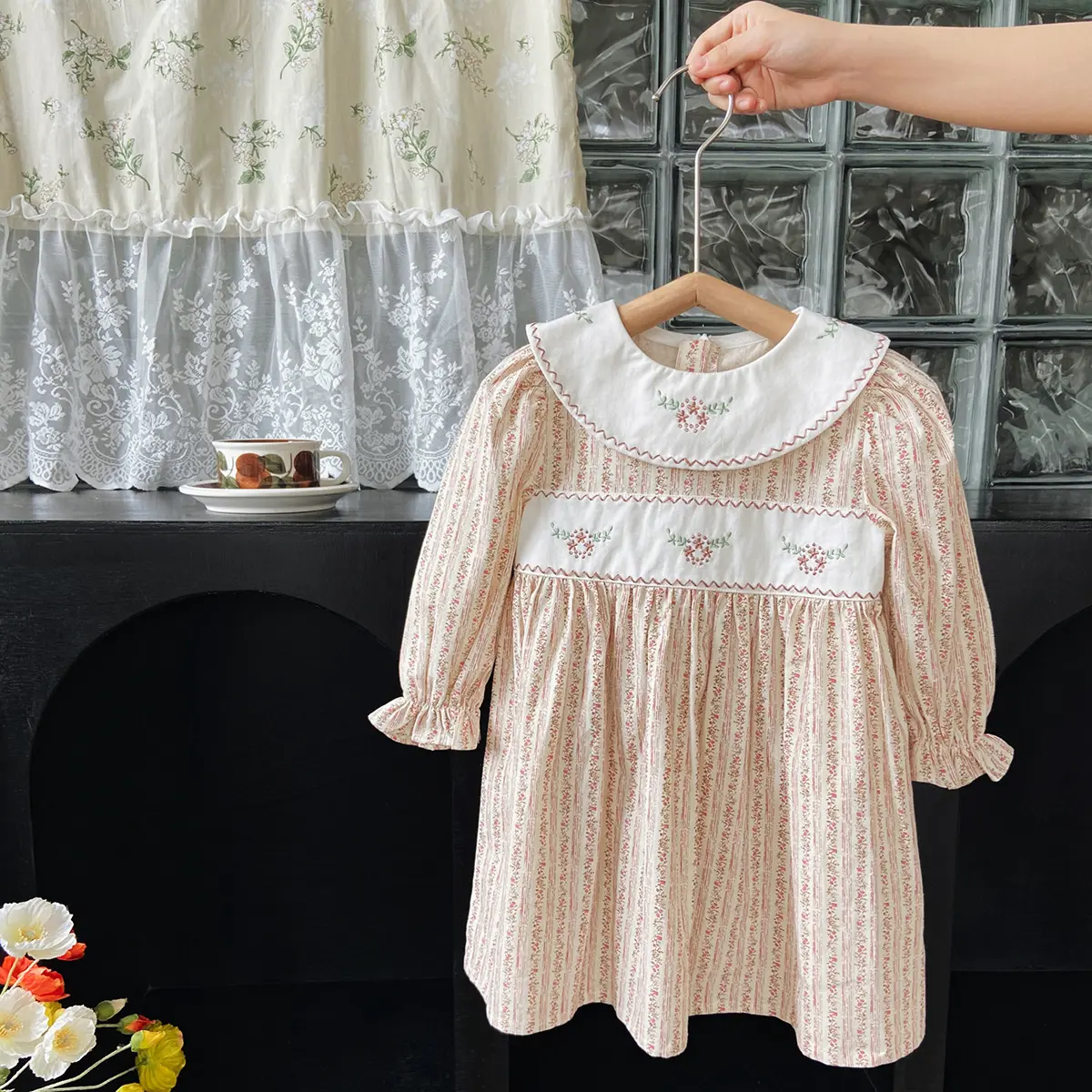 Boutique Children Fall Long Sleeve Flower Embroidery Dress 100%Cotton Kids Girls Floral Dress