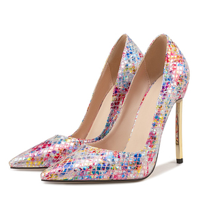 Escarpins de soirée sexy à talons aiguilles fins dorés pour femmes, grande taille 45, avec empeigne colorée, pour pieds larges - Product Image 4