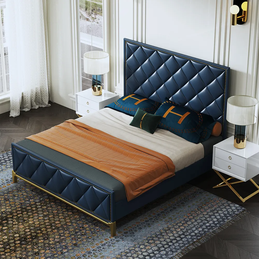 Luxury Italian Modern Design Blue Leather Beauty Single Double King Size Queen Bed Frame Metal Beds Hotel Bedroom Furniture Sets