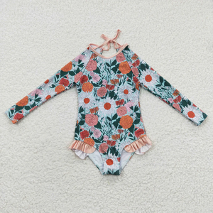 Trajes de baño para niñas pequeñas con estampado floral, manga larga, protección solar, trajes de baño tipo romper - Product Image 5