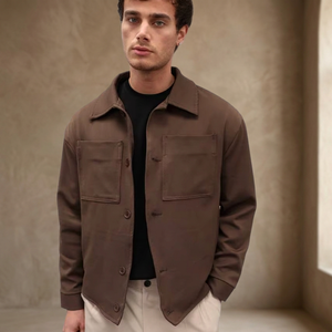 Men's Light Beige Zip-Up V-neck Casual Jacket Long Sleeve Minimalist Overcoat Style Waterproof Breathable Coat <b>Feather</b>-Filled - Product Image 2