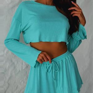 Ensembles de vêtements de nuit pour femmes personnalisés, vêtements de détente décontractés à manches longues avec short en tissu tricoté pour les saisons d'automne - Product Image 5