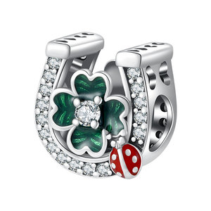 Amuleto de Plata S925 con Herradura de la Suerte, Trébol de Cuatro Hojas y Mariquita con Esmalte Verde y Rojo, Joyería de la Suerte DIY para Mujer, Regalo - Product Image 1