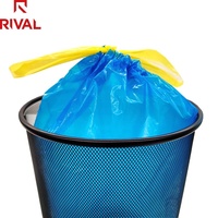 Sacs poubelles biodégradables PLA PE bleus et noirs Rival Tech, impression flexo, cordon de serrage, certifiés ISO9001, logo personnalisé pour usage domestique