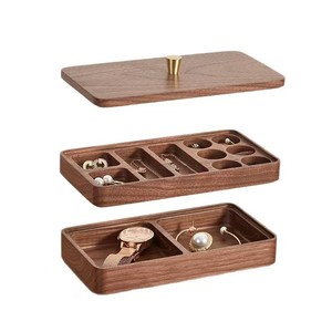Custom Made Black Walnut Wood Double Layer Jewelry <b>Box</b> With Lid For <b>Earring</b> Necklace Storage Rectangle Desktop Organizer 1L - Product Image 4