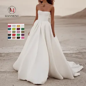 LIANMENG A518 Real Photos Bohemian Square Neck Spaghetti Strap Backless Satin Bridal Gown A Line Wedding Dress