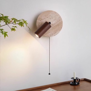 Lampe murale vintage en pierre Huangdong avec abat-jour en bois rotatif et interrupteur à chaîne, idéale pour la lecture au chevet de la chambre - Product Image 3