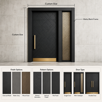 Porte d'entrée moderne en bois grainé finition mate, en alliage de zinc, sécurisée anti-effraction, avec motif gravé et poignée dorée, personnalisable pour la maison