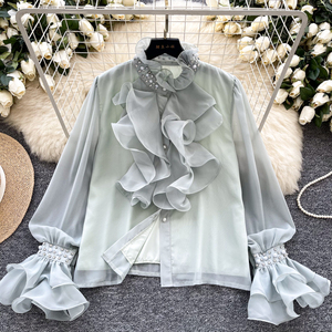 Elegante Camicetta con Colletto Alto da Donna <span class=keywords><strong>Top</strong></span> con <span class=keywords><strong>Volant</strong></span> in Cristallo Vestibilità Ampia per uno Stile Lungo e Raffinato - Product Image 2