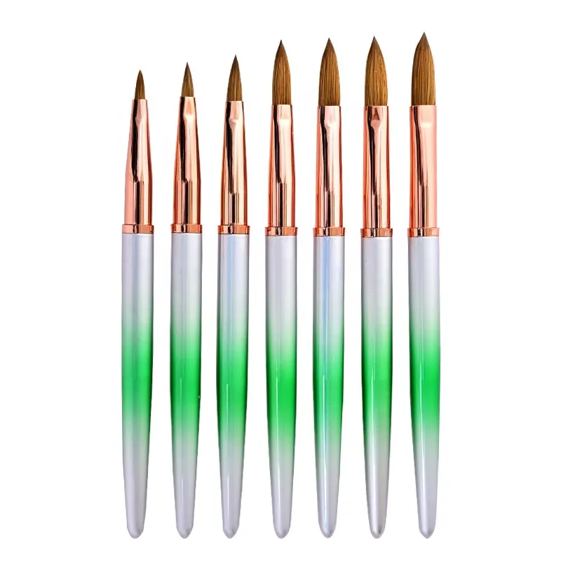 New Green -Rainbow Metal Handle 100% Kolinsky Hair Nail Brush #2/4/6/8/10/12/14 UV Gel Extension Pen Nail Polish Drawing Brush