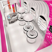 Stand d'exposition LED personnalisé pour cosmétiques futuristes, présentoir sphérique pour soins de la peau, comptoir de maquillage, design complet pour boutique de beauté