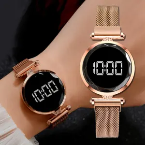Relógios luxuosos digitais, para mulheres, rosa, dourado, aço inoxidável, vestido, led, quartzo, relógio feminino, drop ship