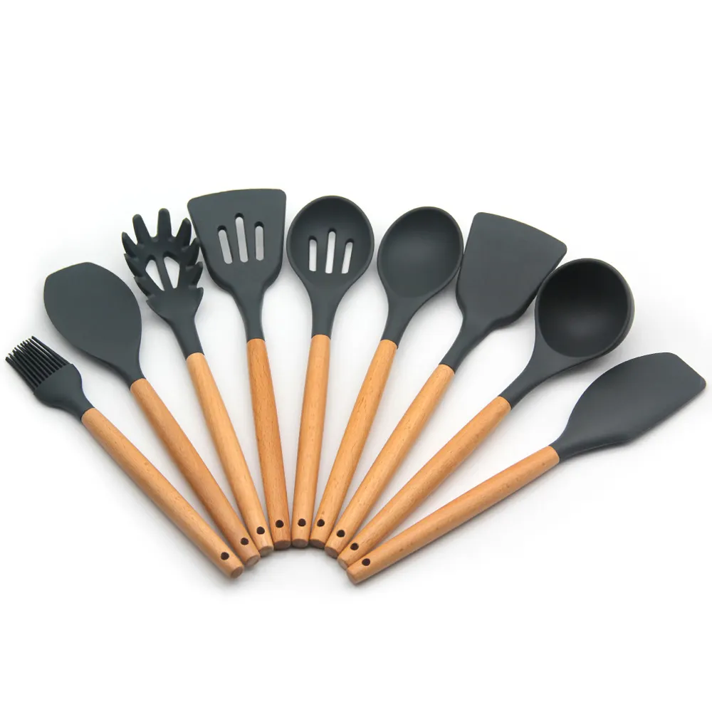 Silicone utensili da cucina accessori utensili da cucina Set di legno manico in Silicone per uso alimentare spatole in Silicone Set