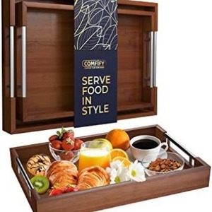 Bandeja de bambú de madera maciza Huicheng con asas de metal, color natural, bandeja para servir café, fruta y pan - Product Image 2