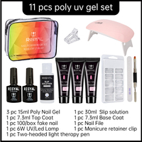 Kit de 11 pièces de polygels pour extension d'ongles, comprenant des moules pour capsules d'ongles, des brosses et une lampe UV/LED