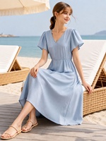 Robe midi bleu clair pour femme, col en V, manches courtes à volants, taille ajustée, coupe trapèze, robe d'été pour la plage