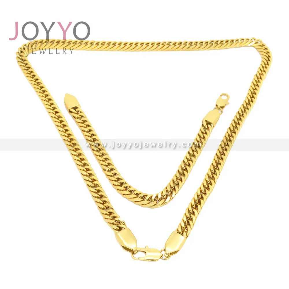 Miami Cuban link chain 14k real gold plated Guys Necklace Bracelet stainless steel jewelry set Cubana hip hop set