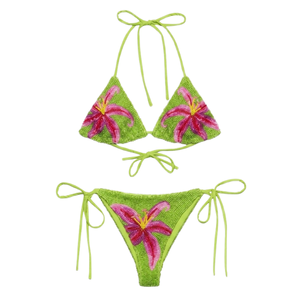 Luxury Custom Rhinestone <b>Bikini</b> <b>Set</b> Hand Beaded Floral Halter Lace-Up Triangle Top Side Tie Bottoms Shimmering Lime <b>Green</b> - Product Image 1