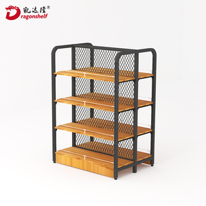 Dragonshelf Iron Wood Shelf Four-column Reticulated Backplane Steel-wood Single-side Rack <strong>Modern</strong> <strong>Shelves</strong> for Clothing Store - Product Image 5