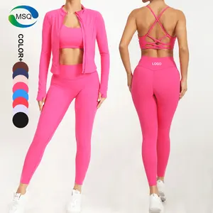 Yeni spor salonu elbise kadın 2/3 adet Yoga spor tayt fermuar Up ceket pantolon çapraz kayış spor sutyen Activewear setleri