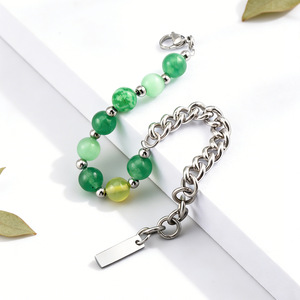 yunnique Stainless Steel Green Chalcedony Beaded Chain <b>Bracelet</b> Unisex Fashion Jewelry - Product Image 2