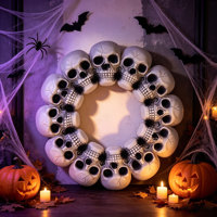 Guirlande de porte vintage d'horreur avec squelette et crâne en plastique, ornement de fête gothique pour Halloween, pour la maison, le jardin ou la fenêtre