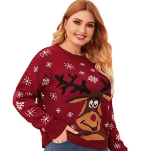 Fast Custom Designed Plus Size Sweaters Reindeer Snowflakes Jacquard Knitted Pullover Women Ugly Christmas Sweater