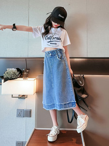 <span class=keywords><strong>Gonna</strong></span> midi in denim sfrangiato per ragazze, collezione Estate 2026, per bambine più grandi, <span class=keywords><strong>gonna</strong></span> <span class=keywords><strong>lunga</strong></span> da ragazza stile principessa estivo - Product Image 1
