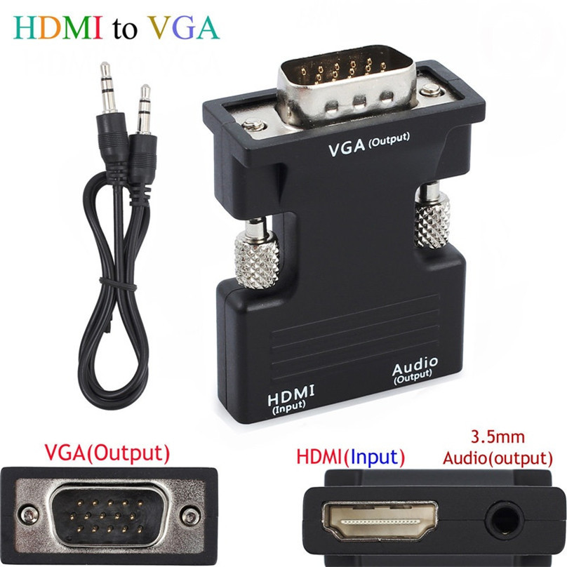 Adaptateur VGA mâle vers HDMI Femelle Sortie Audio Jack 3.5mm, Noir - Français