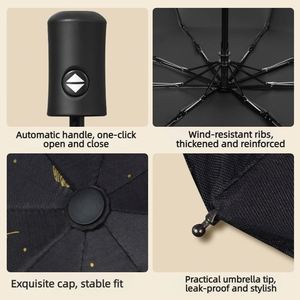 Parapluie de voyage pliant en trois sections, ouverture et fermeture automatiques, avec logo personnalisé, revêtement noir UPF50, plumes dorées, imperméable et coupe-vent, vente en gros - Product Image 4
