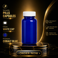 Flacon en plastique bleu cobalt pour compléments alimentaires, emballage de suppléments, conteneur avec bouchon à vis, flacon pour pilules, capsules, comprimés
