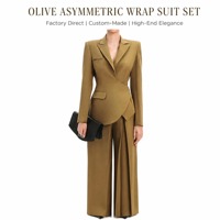 Ensemble tailleur asymétrique en tissu olive pour femme, pantalon large taille haute, épaulettes rembourrées, idéal pour le bureau, fabrication OEM/ODM directe usine