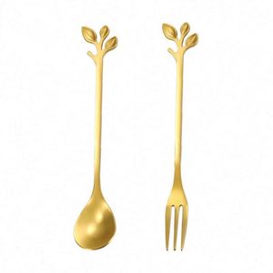 Unique Creative Tableware Stainless Steel Leaf Spoon Coffee Spoon Dessert Fork Spoon Set - Product Image 1