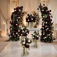 Arche de fleurs artificielles en soie bordeaux, arrangement floral mixte d'hortensias rouges et d'orchidées, fausse composition florale durable de haute qualité pour mariage