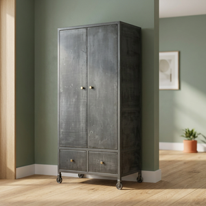 Industrial & Vintage Farmhouse Villa Living Room Furniture Iron Metal Black Rustic Finish 2 Door 2 Drawer Tall Storage Cabinet - Product Image 2