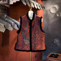 Gilet personnalisé pour femme avec patchs en fourrure de vison, broderies riches, gaze de soie Xiangyun et doublure en polaire, style streetwear chinois 5604