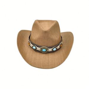 Vintage Straw Cowboy <b>Hat</b> Wide Brim Sun <b>Hat</b> with Decorative Leather Band - Product Image 1
