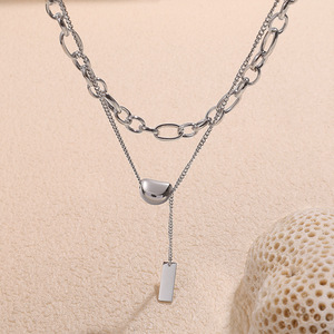 Collier double couche en acier inoxydable, pendentif géométrique irrégulier, chaîne de clavicule, bijoux en argent XL189 - Product Image 1