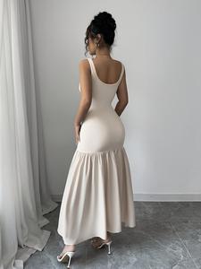 Patchwork tasarımı ile şeftali renginde kolsuz pileli bel şekillendirme zarif uzun elbise - Product Image 3